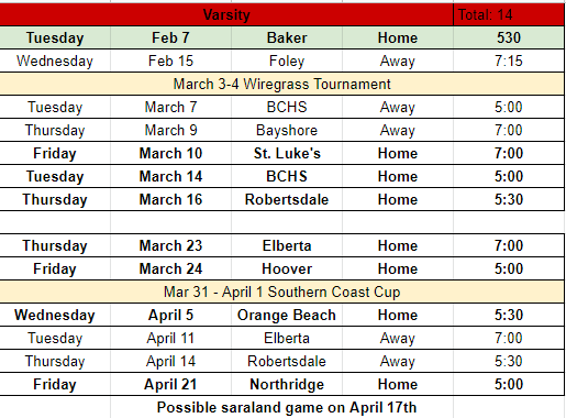 Varsity Schedule